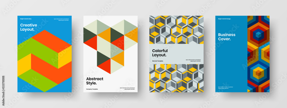 Trendy geometric shapes corporate brochure template collection. Abstract journal cover vector design layout set.