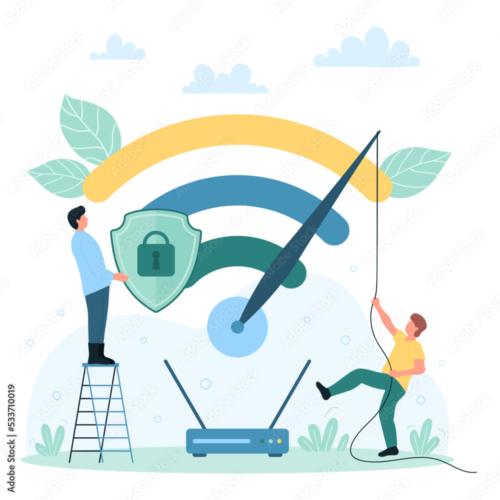Fast wireless connection vector illustration. Cartoon tiny people