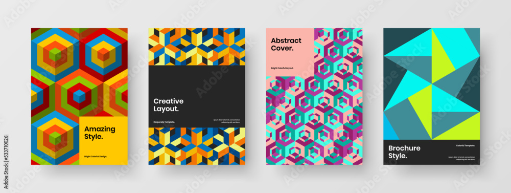 Amazing company brochure A4 vector design layout set. Colorful geometric hexagons flyer template bundle.