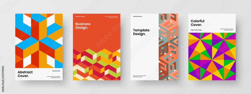 Vivid corporate brochure A4 design vector concept set. Trendy mosaic shapes book cover template composition.