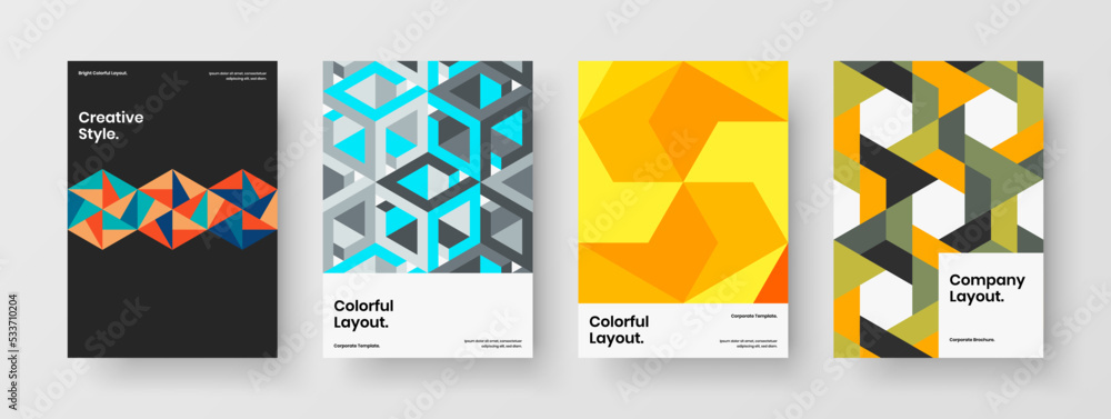 Multicolored mosaic hexagons front page illustration set. Clean pamphlet A4 vector design concept composition.