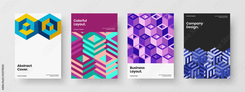Trendy mosaic pattern booklet layout composition. Unique company identity A4 design vector template bundle.