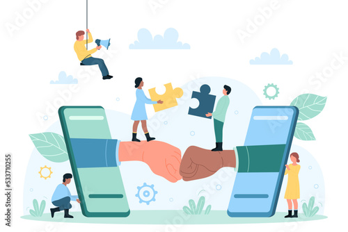 Business collaboration of employees, remote teamwork and partnership vector illustration. Cartoon hands from screen of mobile phones making fist bump on meeting, tiny people holding pieces of puzzle