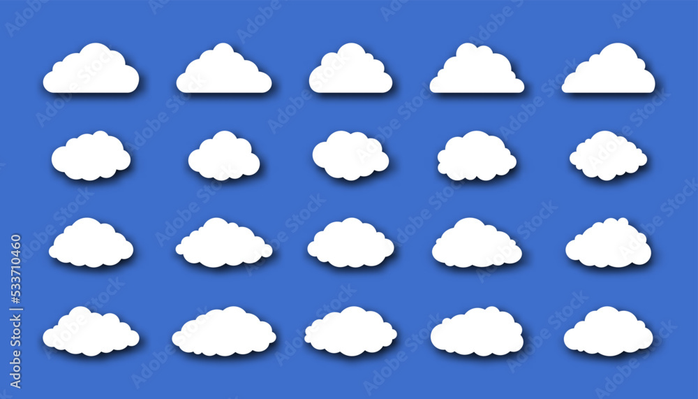 Set Of White Clouds With Different Design On Blue Background Set Of White Clouds With Different Design On Blue Background