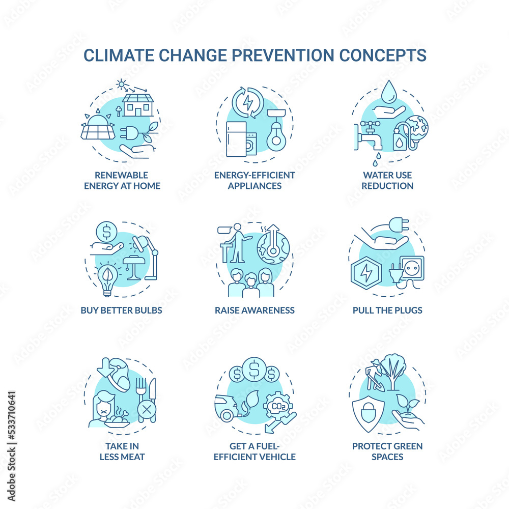 Climate change prevention turquoise concept icons set. Avoid global warming idea thin line color illustrations. Isolated outline drawings