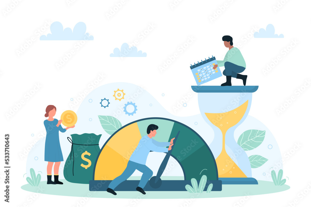 Cost optimization of services and products vector illustration. Cartoon tiny people reduce price with level meter, optimize efficiency of production, budget cuts and business company organization - obrazy, fototapety, plakaty 