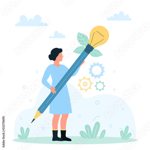 Innovation, solution and inspiration for genius business idea vector illustration. Cartoon tiny woman holding pencil with bright yellow light bulb, person training and creating content on workshop