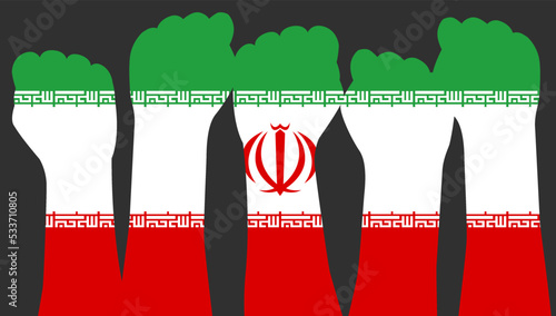 Silhouettes of female hands clenched into a fist on the background of the Iranian flag. Protests in Iran. Female protesters' hands raise their fists. Women's rights. Vector flat modern illustration.