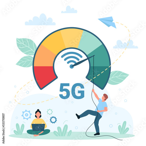 5G network, broadband internet connection speed increase vector illustration. Cartoon tiny man pushing arrow on speed meter to reduce latency of broadcast signal and wifi waves, woman using laptop