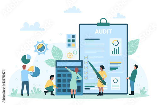 Financial audit, accounting, budget analysis and management vector illustration. Cartoon tiny people calculate and research income in report documents, accountants work with calculator and data charts