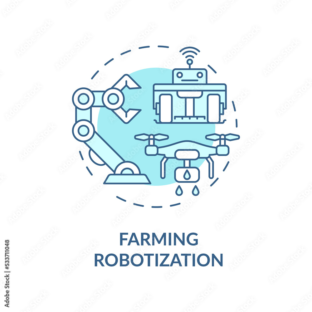 Farming robotization turquoise concept icon. Farm automation practices abstract idea thin line illustration. Isolated outline drawing Farming robotization turquoise concept icon. Farm automation practices abstract idea thin line illustration. Isolated outline drawing