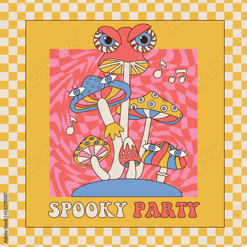 Magic Mushrooms bunch with eyes for Halloween in Groovy 70s Style. Checkered background card with text Spooky party. Disco mood poster.