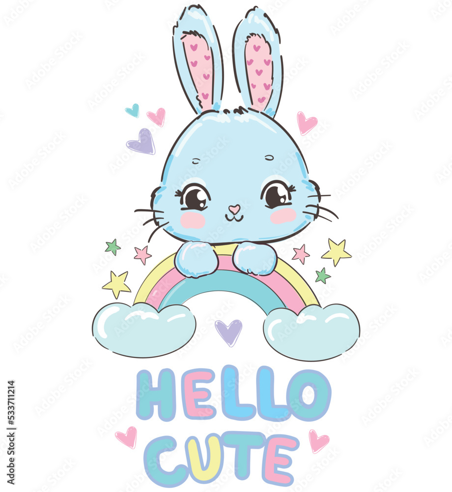 Hand Drawn Cute Bunny, print design happy rabbit, children print on t-shirt Hand Drawn Cute Bunny, print design happy rabbit, children print on t-shirt