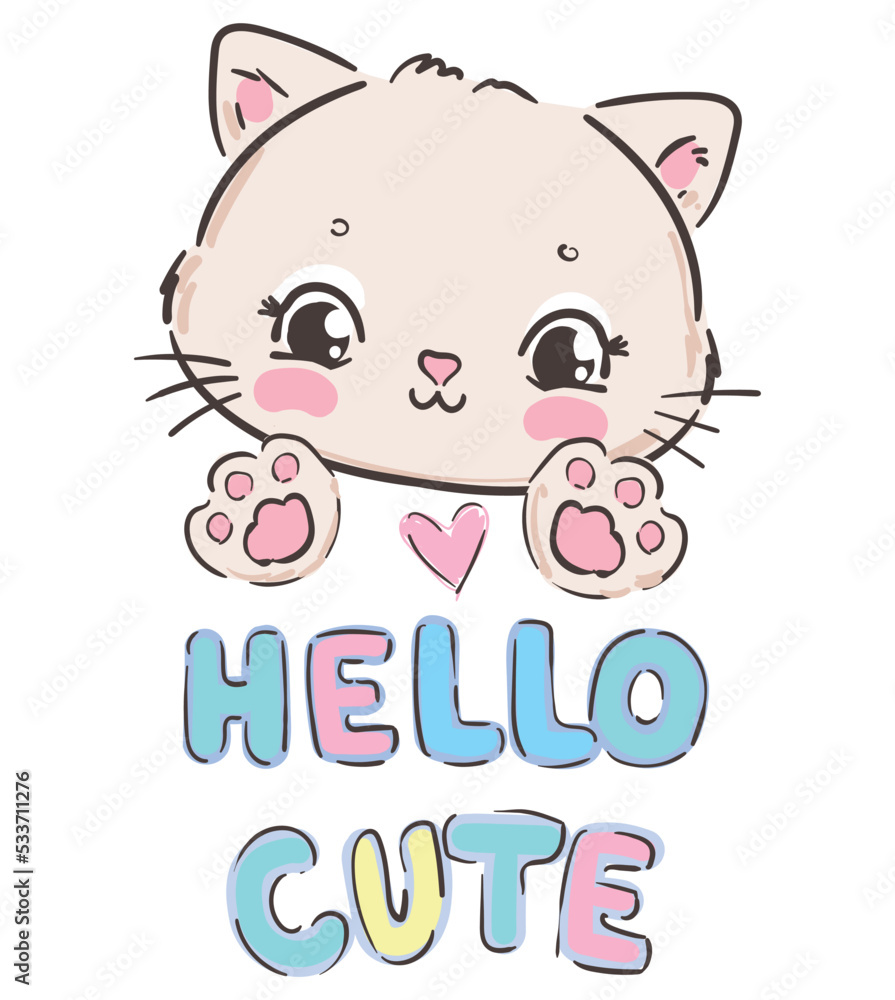 Cute happy cat sketch vector illustration print design with text Cute happy cat sketch vector illustration print design with text