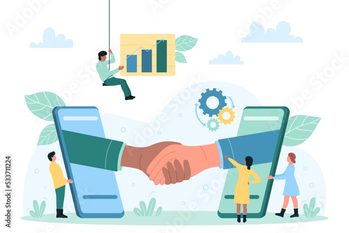 Partnership and deal, handshake of business people vector illustration. Cartoon partners from screen of mobile phones shake hands, tiny people holding finance graph to work with company contract