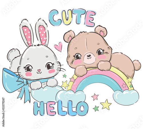 Cute Rabbit and Bear Baby Sits on the rainbow Vector Illustration Print