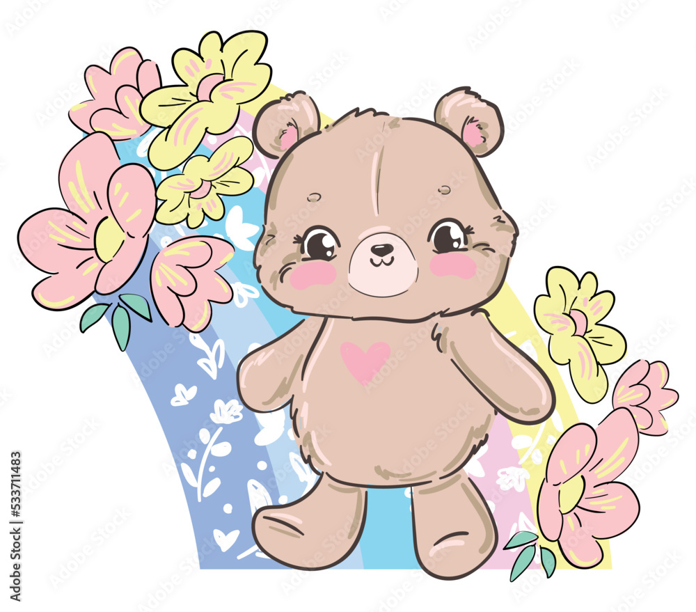 Fototapeta premium Hand drawn Cute Teddy Bear and flowers Kids print vector illustration