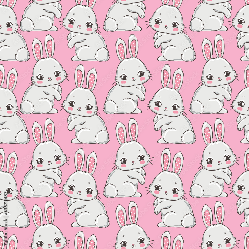 Hand Drawn Cute rabbits vector seamless pattern Kids print background