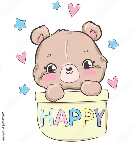 Happy Cute Teddy Bear sitting in a pocket Kids print vector illustration