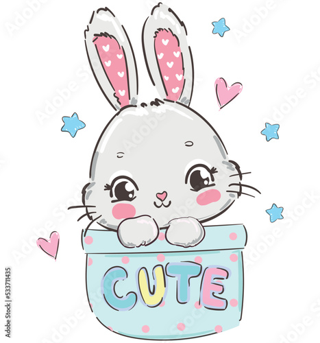 Hand drawn cute bunny sitting in a blue pocket vector illustration childish design print for baby