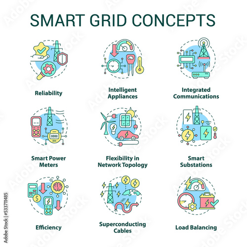 Smart grid concept icons set. Contemporary engineering. Intelligent power system idea thin line color illustrations. Isolated outline drawings