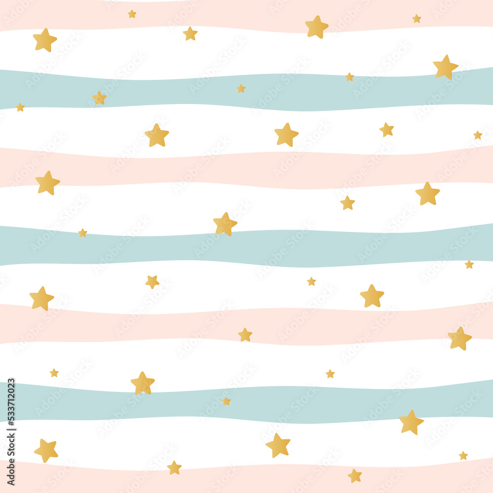 Seamless striped pink, blue and white with golden stars vector pattern. Seamless striped pink, blue and white with golden stars vector pattern.