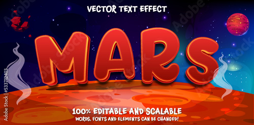 Mars text, editable red space style font template on red planet landscape vector illustration. Space background with editable text. Surface of the planet with craters. Space decoration, star and comet