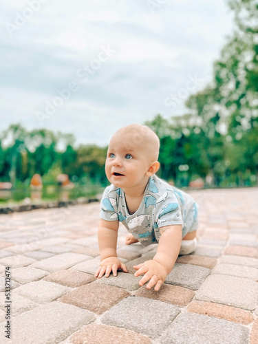 Cute baby boy crawling in the park summer time