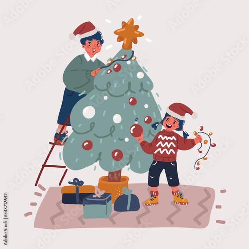 Vector illustration of Happy new year and Merry christmas. Kids: boy and girl together are decorating christmass tree