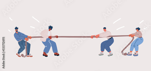 Vector illustration of people pulling a rope. Man and woman in team playing tug of war