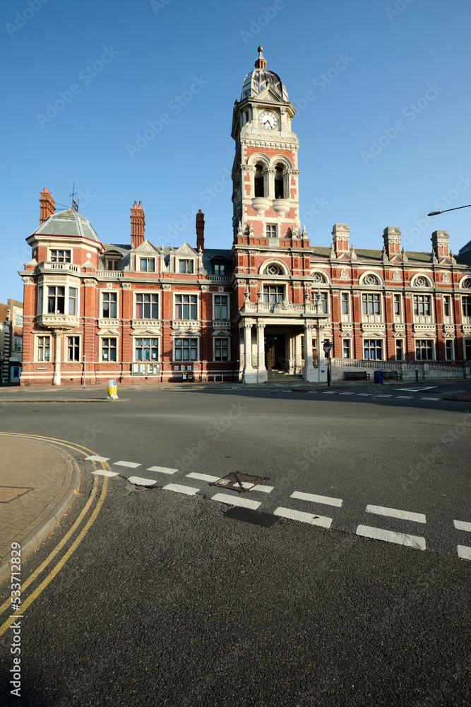 Eastbourne, East Sussex/United Kingdom- July 19 2022: Exterior of Eastbourne town hall. Early morning in bright sunshine.