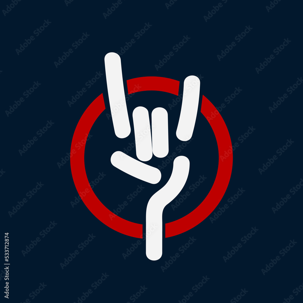 Rock hand sign icon.Red circle frame isolated on dark background.Bold gesture logo.Index and little finger up in form of horns.Flat design vector emblem illustration. Rock hand sign icon.Red circle frame isolated on dark background.Bold gesture logo.Index and little finger up in form of horns.Flat design vector emblem illustration.