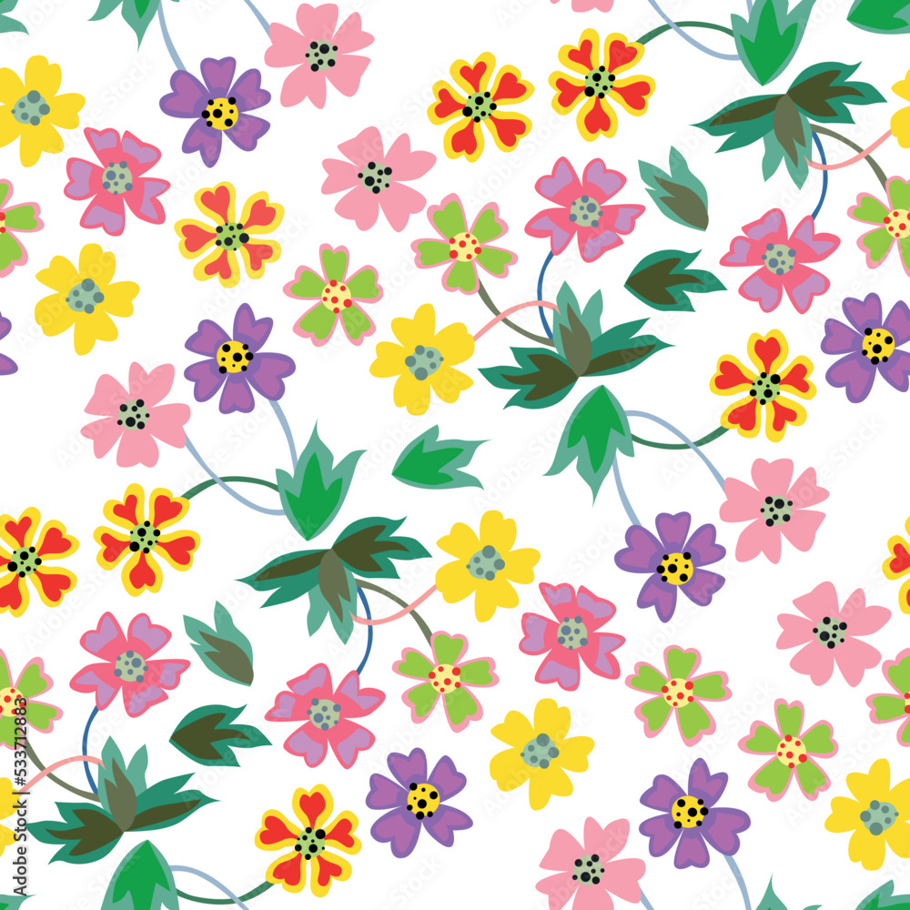 Seamless ditsy floral pattern with cute little flowers on white background. Vector illustration