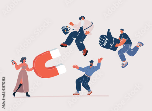 Vector illustration of woman holds a big red magnet and people are running towards her, attracting buyers and workers and subscribers