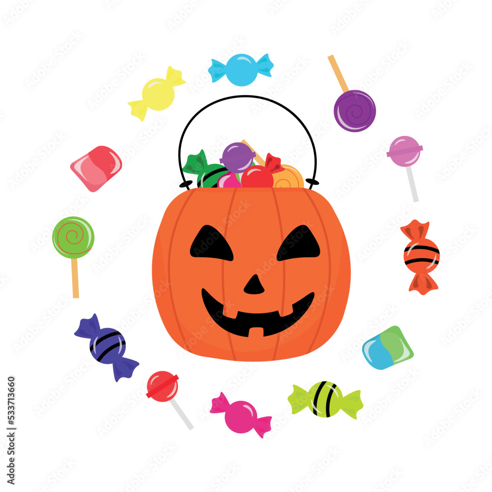 Fototapeta premium Party basket full of candies (bag, cauldron, pumpkin). Vector illustration