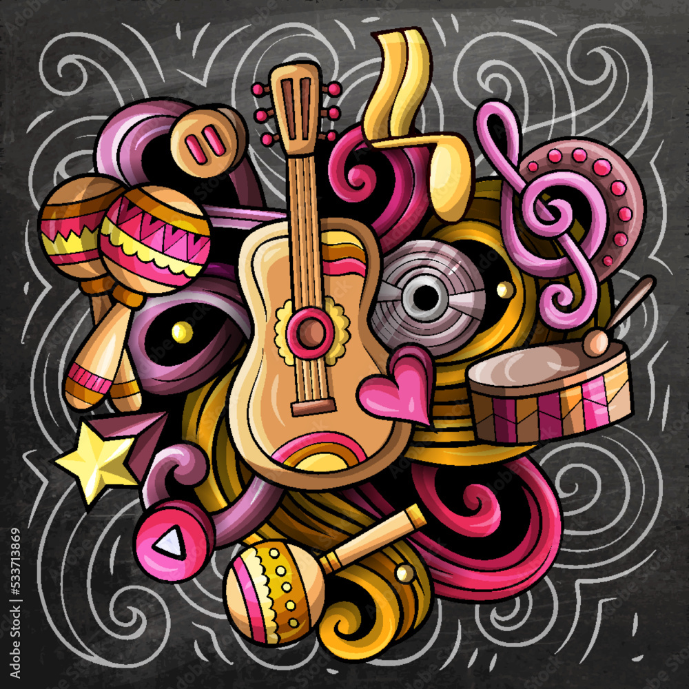 Obraz premium Music hand drawn vector doodles illustration. Musical poster design