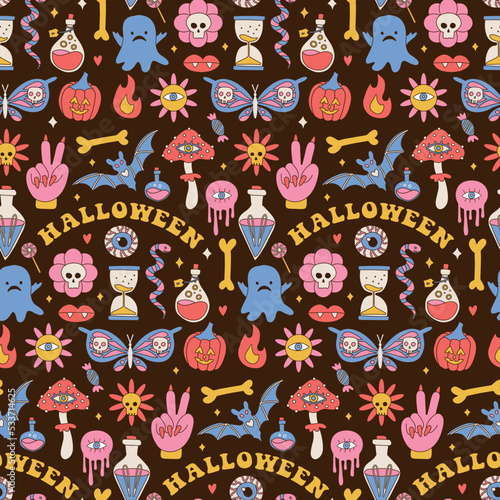 Colorful seamless pattern with mushrooms, ghost, pumpkin and magic potion. Groovy hippie Halloween Retro 60s, 70s style background. Psychedelic textile, fabric and wrapping paper. Vector illustration.