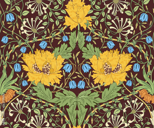 Floral seamless pattern with big yellow flowers on burgundy background. Vector illustration.