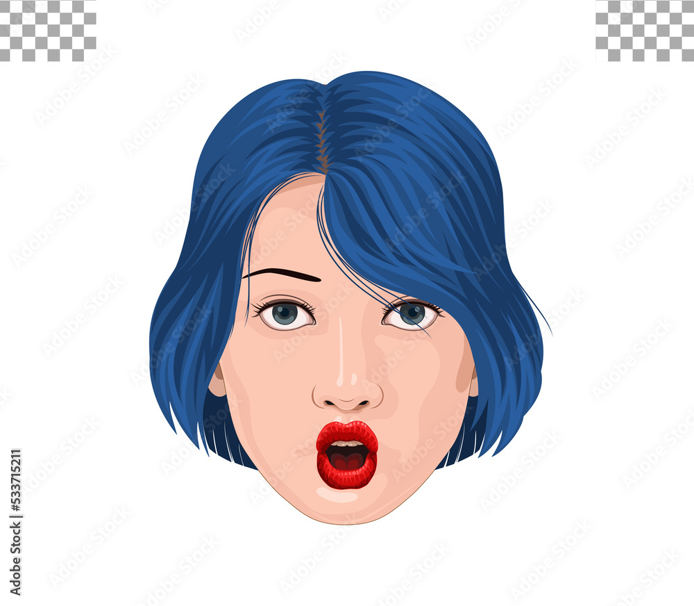 woman face illustration transparent background solid color ,hairstyle, expression, blue short cut red surprised lips