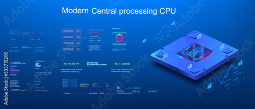 CPU. Presentation of a new generation processor on futuristic background with HUD elements. Modern digital CPU microchip. Advanced technology and electronic systems development