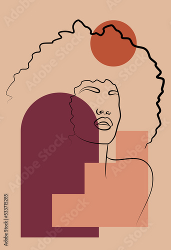 Fototapeta Naklejka Na Ścianę i Meble -  Drawing of the face line of an African woman. Minimalistic abstract female portrait with a continuous line for the logo. Geometric shapes.