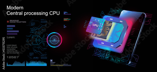 Powerful stream processor of new generation. Cyber banner. Futuristic microprocessor with mobile phone. New generation digital chip on futuristic cyber background. Digital computer technology