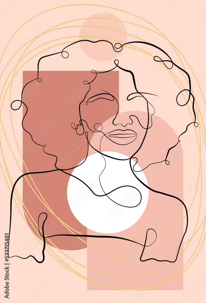 Vector template of design and illustrations in a minimalistic linear style. Minimalistic modern art. Female portrait and abstract print. Vector template of design and illustrations in a minimalistic linear style. Minimalistic modern art. Female portrait and abstract print.