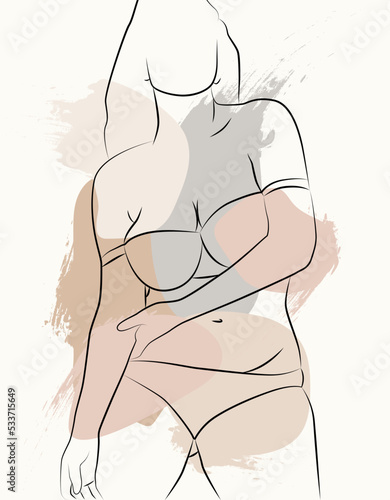 A simple body-positive elegant poster. Beautiful illustration of the line of a seductive female body. Minimalistic linear female figure. Abstract nude sensual linear art.