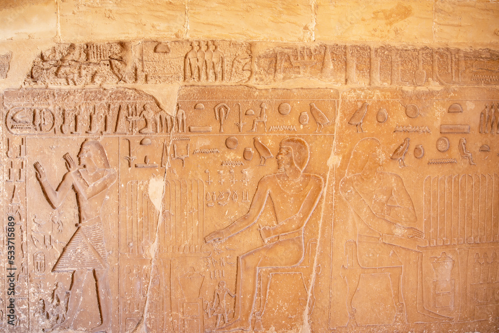Saqqara, Egypt; September 26, 2022 - Egyptian hieroglyphs from the old kingdom.