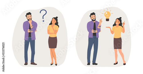 Young woman and man surrounded by a question mark and finding new idea. Shiny light bulb. Flat style cartoon vector illustration. People stand full body.