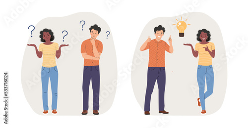 Young woman and man surrounded by a question mark and finding new idea. Shiny light bulb. Flat style cartoon vector illustration. People stand full body.