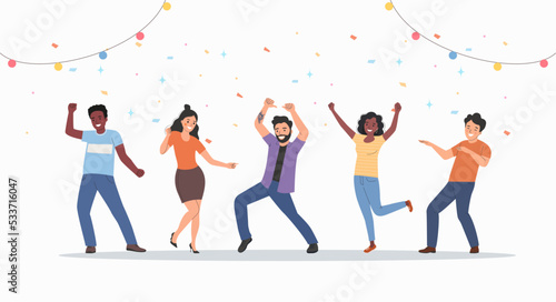 Different happy young women and men dancing. Party people dancing under confetti. Corporate holiday. Flat style cartoon vector illustration.