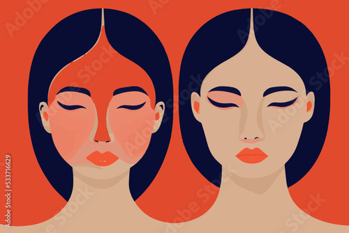Illustration containing female faces of different colors in defense of racial human rights. Vector image of people of different colors and ethnicity together. 
