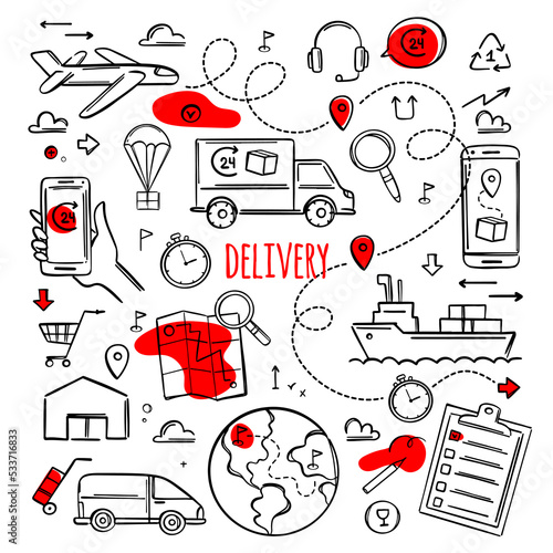 DELIVERY Services Big Collection Symbols Fast Order By Smartphone In Hand One Click Short Time Transportation To Place Of Destination Vector Monochrome Set